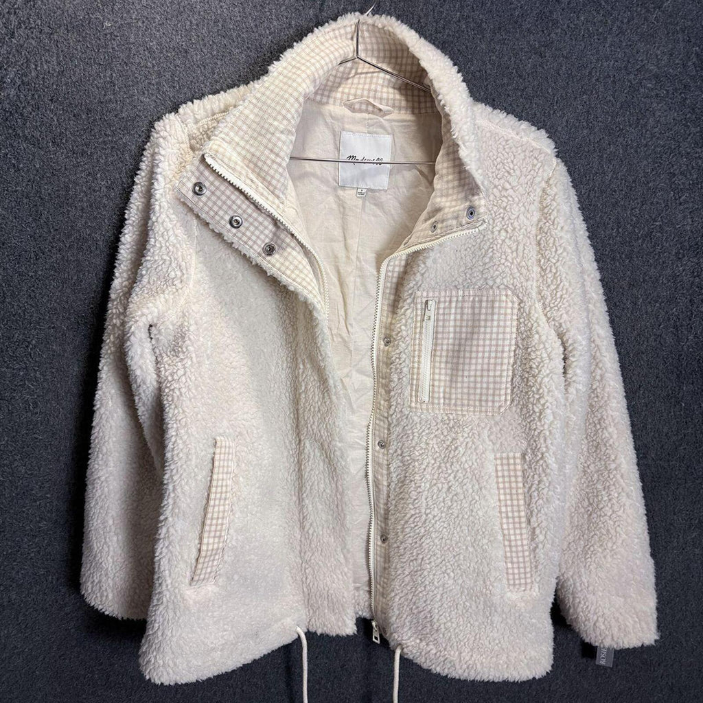 Madewell Cream Sherpa Zip-Up Jacket with Gingham Pockets, Size S