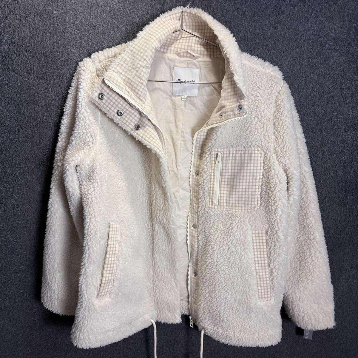 Madewell Cream Sherpa Zip-Up Jacket with Gingham Pockets, Size S