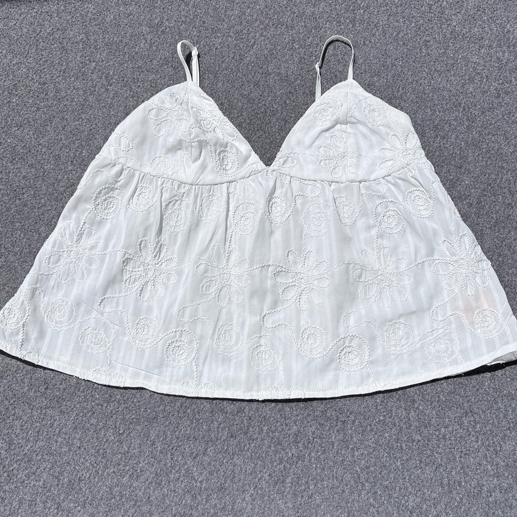 Forever 21 White Embroidered Double Strap Flowy Cami Top Size S