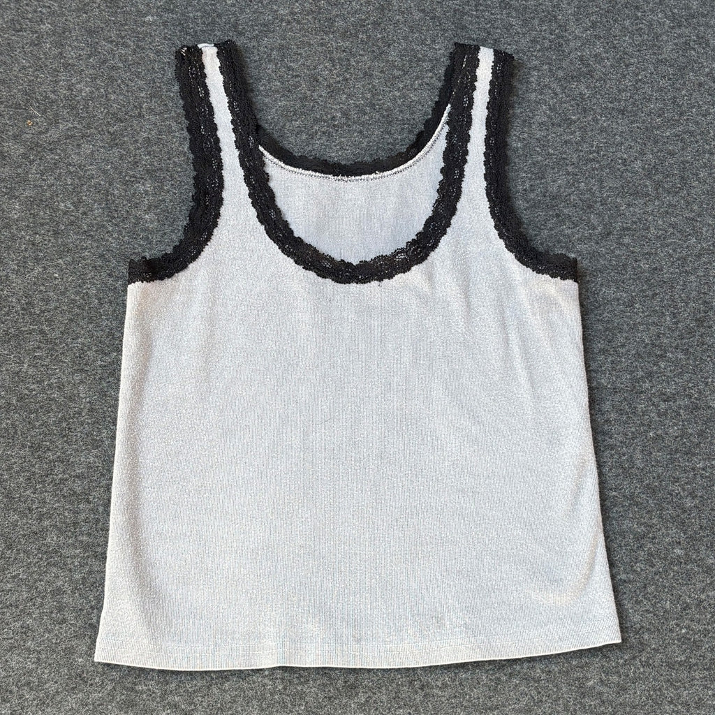 White Tank Top | Black Lace Trim | S