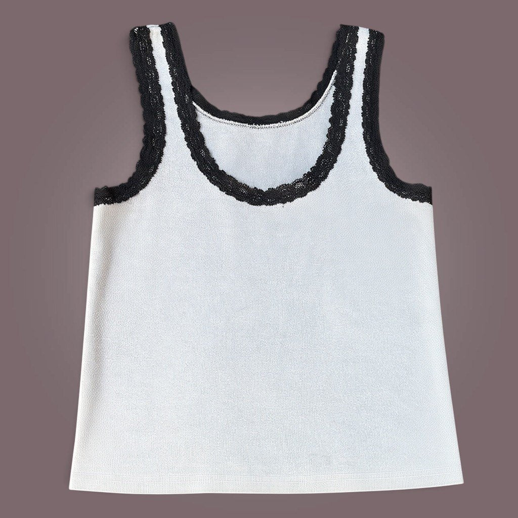 White Tank Top | Black Lace Trim | S