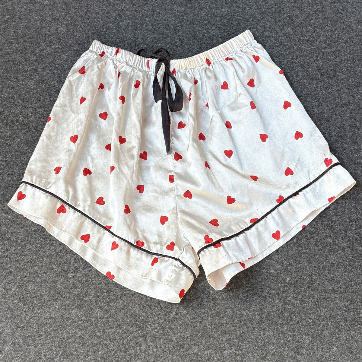 White Satin Heart Print Shorts | S