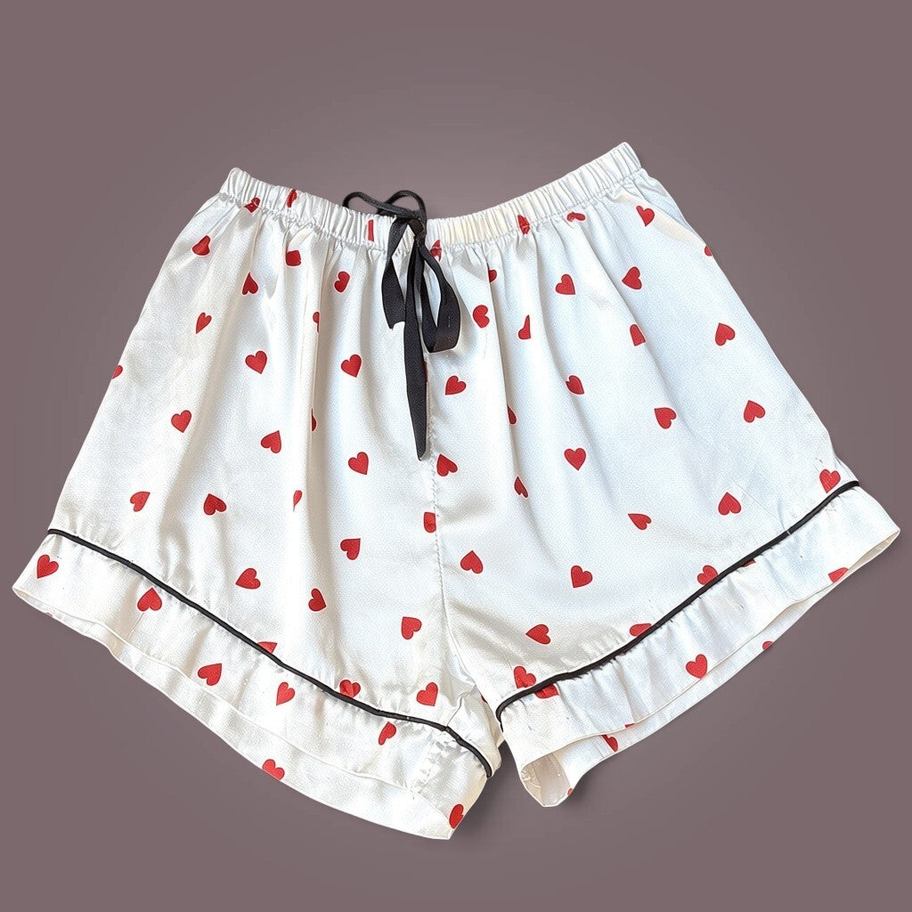 White Satin Heart Print Shorts | S