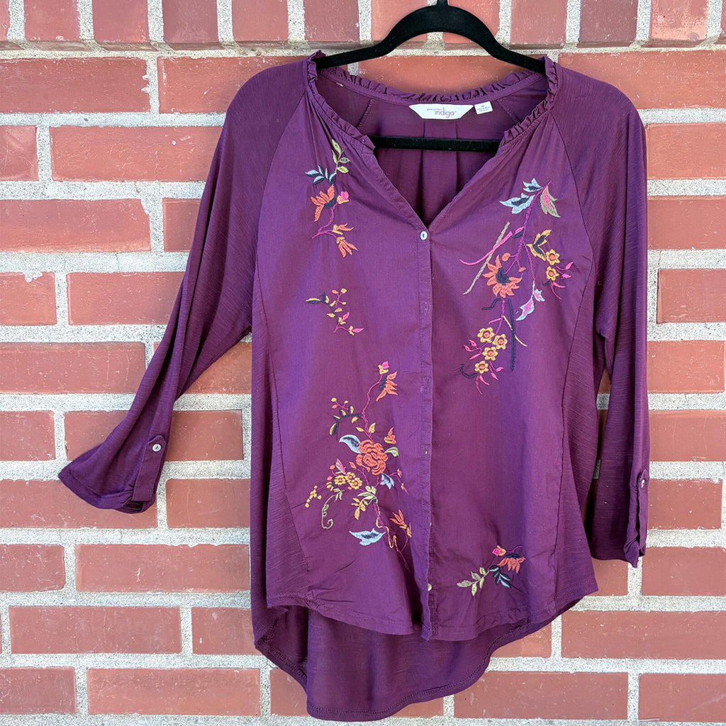 Great Northwest Indigo Button-Up Shirt with Floral Embroidery