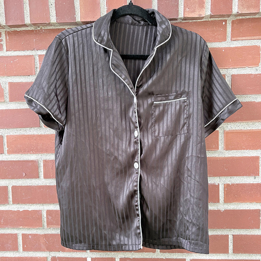 Vintage Satin Short Sleeve Pajama Shirt with Pocket