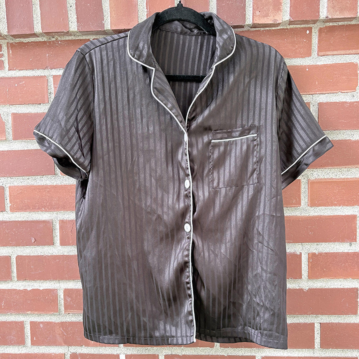 Vintage Satin Short Sleeve Pajama Shirt with Pocket