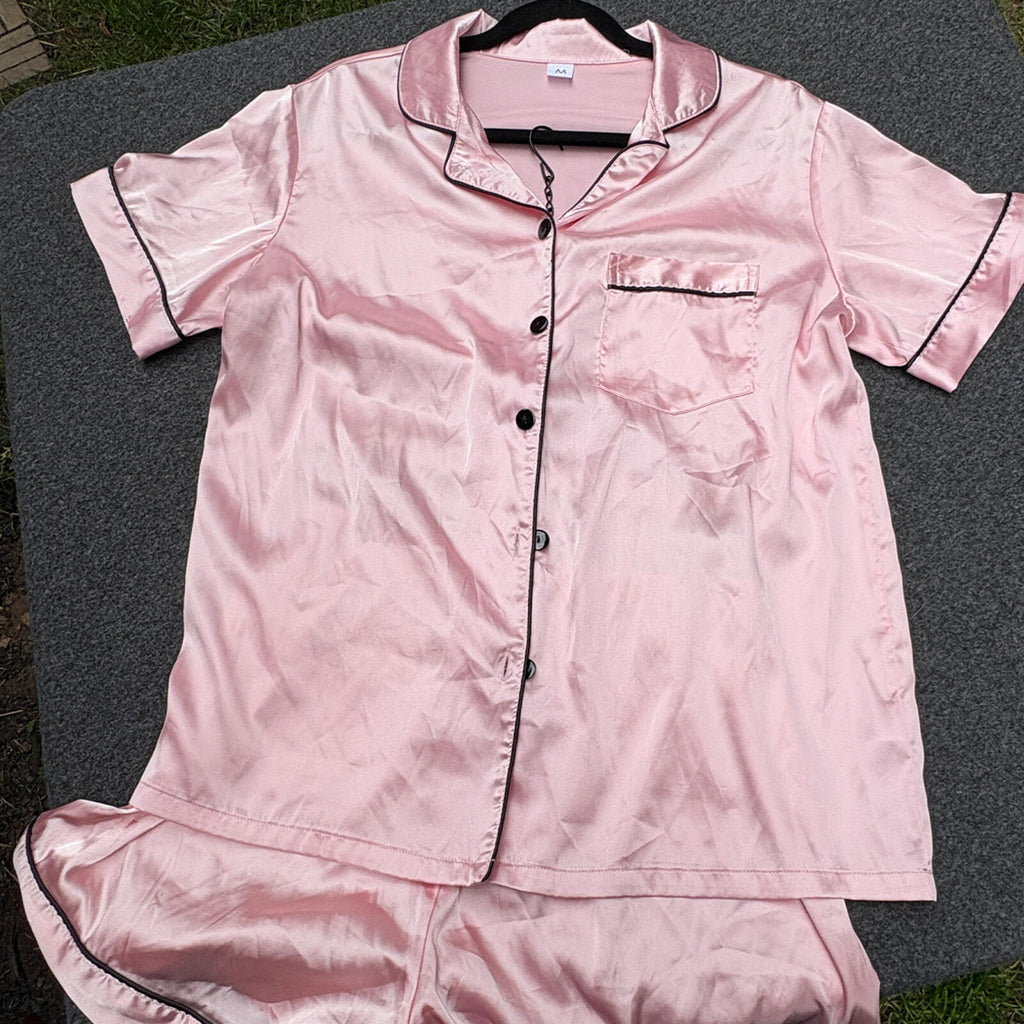 Pink Satin Pajama Set with Black Piping - Short Sleeve Top and Shorts