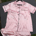 Pink Satin Pajama Set with Black Piping - Short Sleeve Top and Shorts