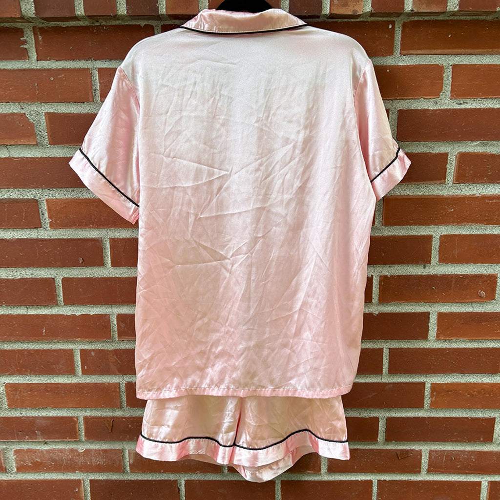 Pink Satin Pajama Set with Black Piping - Short Sleeve Top and Shorts