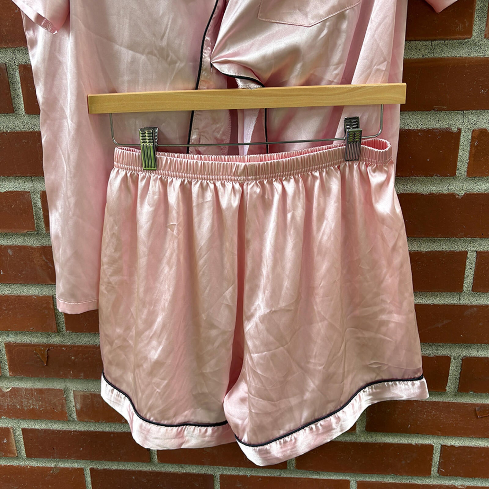 Pink Satin Pajama Set with Black Piping - Short Sleeve Top and Shorts