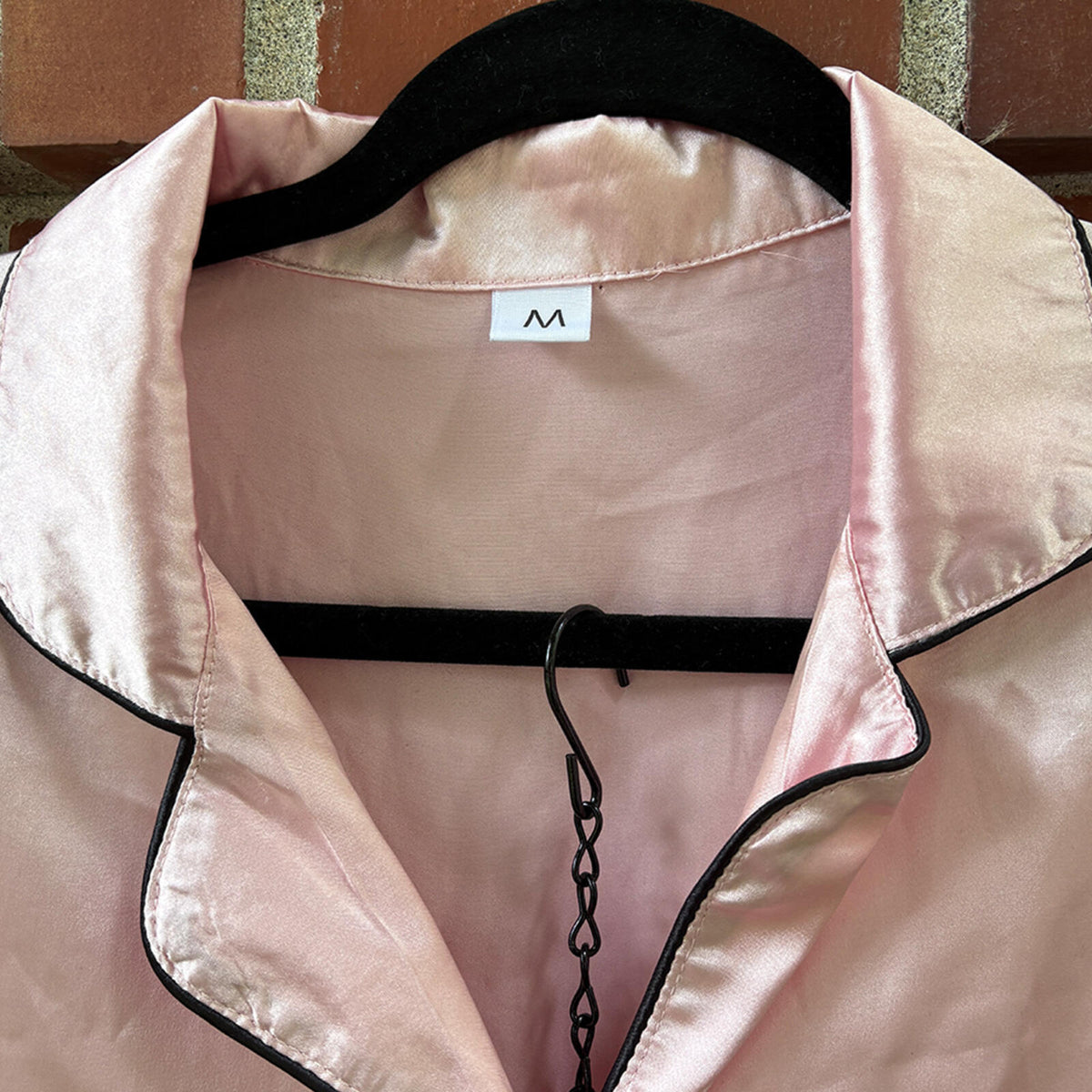 Pink Satin Pajama Set with Black Piping - Short Sleeve Top and Shorts