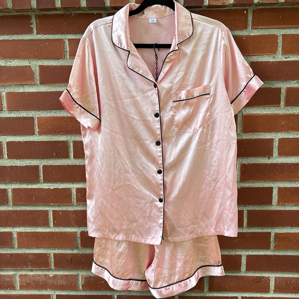 Pink Satin Pajama Set with Black Piping - Short Sleeve Top and Shorts