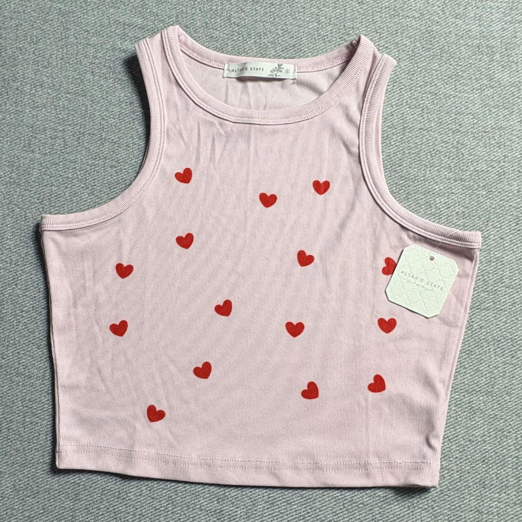 Altar'd State Pink Crop Tank Top with Red Heart Print, Size Small