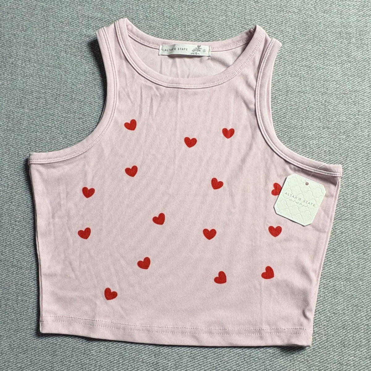 Altar'd State Pink Crop Tank Top with Red Heart Print, Size Small