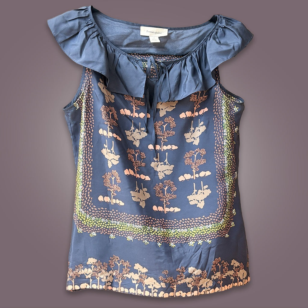 Portrait of a Girl Silk Ruffle Neck Print Top