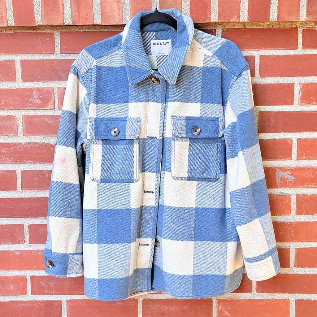 Old Navy Blue and White Plaid Button-Up Shirt Jacket, Size Large
