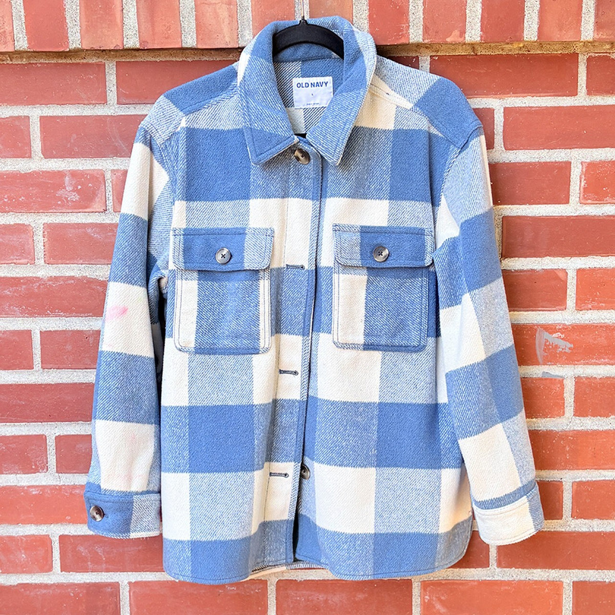 Old Navy Blue and White Plaid Button-Up Shirt Jacket, Size Large