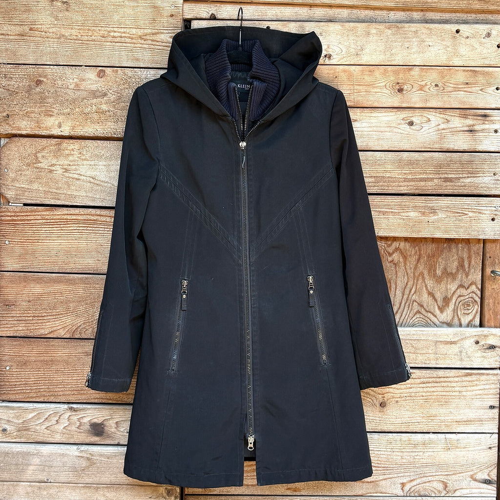 Anne Klein Black Hooded Coat with Knit Collar, Size Small