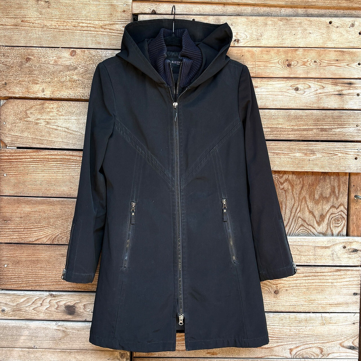 Anne Klein Black Hooded Coat with Knit Collar, Size Small