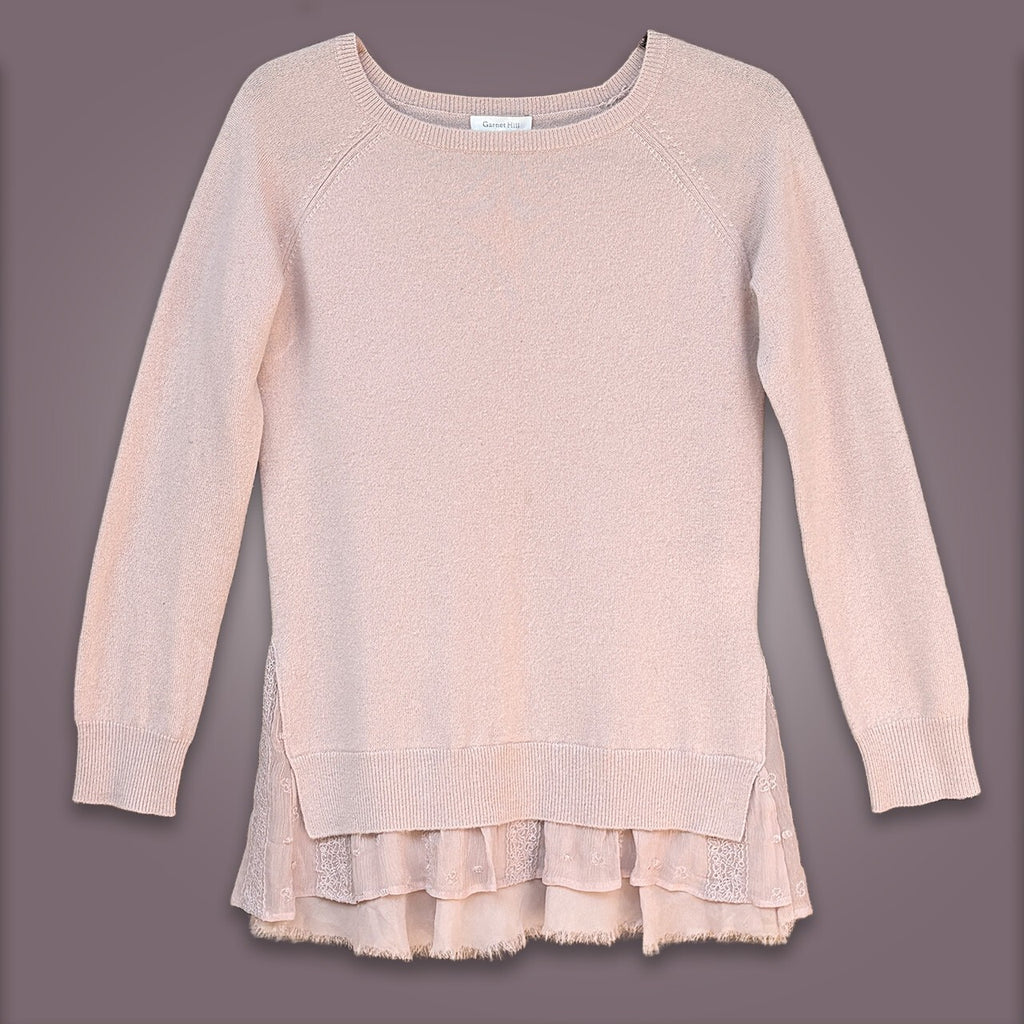 Garnet Hill Pink Sweater Ruffle and Lace trim