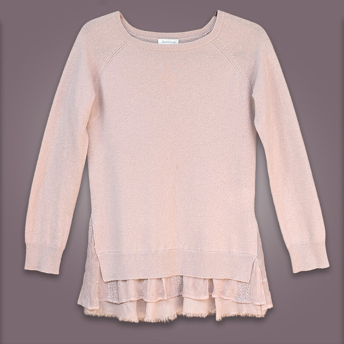 Garnet Hill Pink Sweater Ruffle and Lace trim