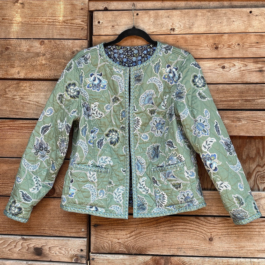 Reversible Quilted Floral Jacket with Blue and Green Patterns