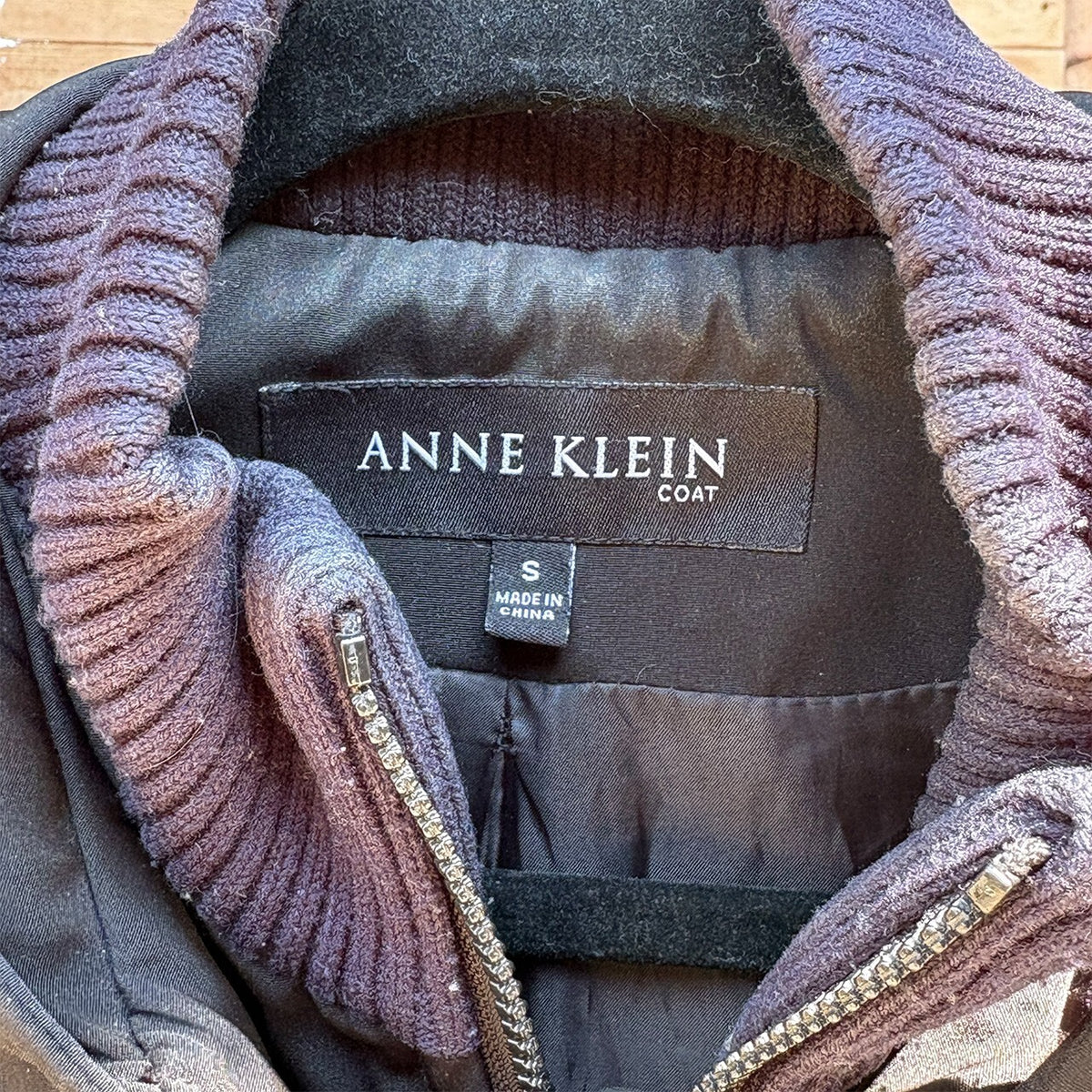 Anne Klein Black Hooded Coat with Knit Collar, Size Small