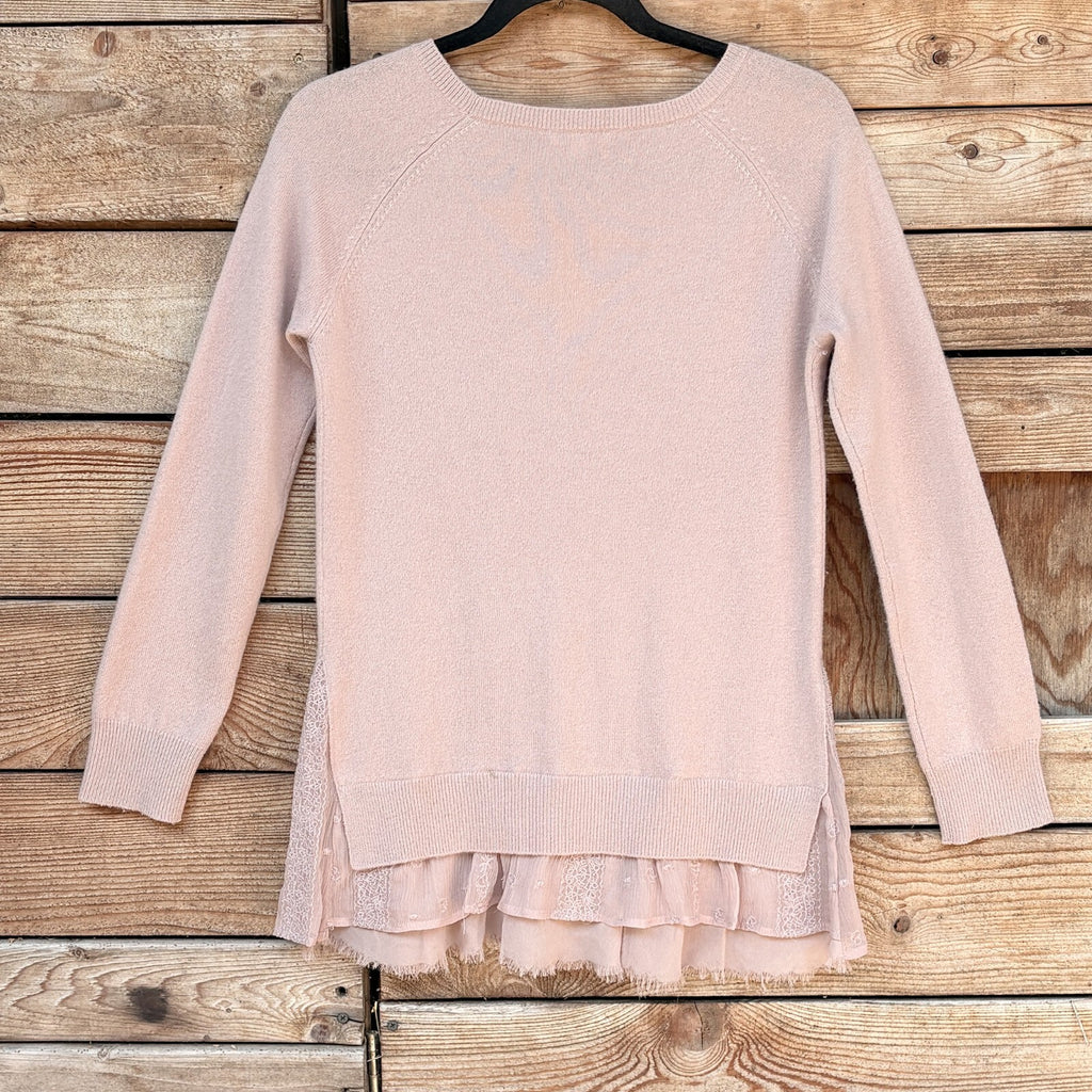 Garnet Hill Pink Sweater Ruffle and Lace trim