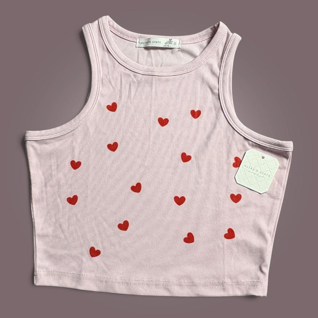 Altar'd State Pink Crop Tank Top with Red Heart Print, Size Small