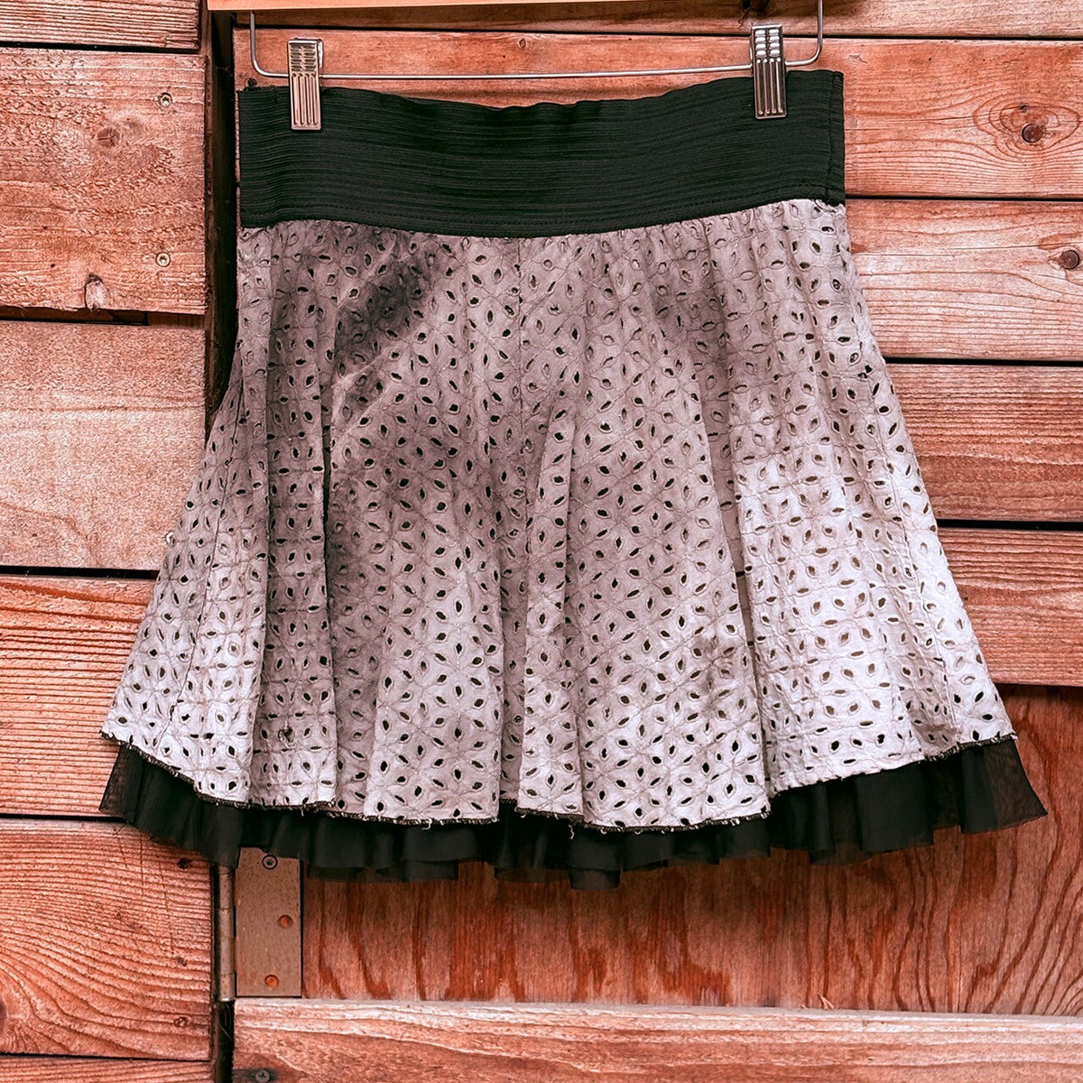 Joe Benbasset Black and White Eyelet Cotton Skirt with Ruffle Hem, Size Large