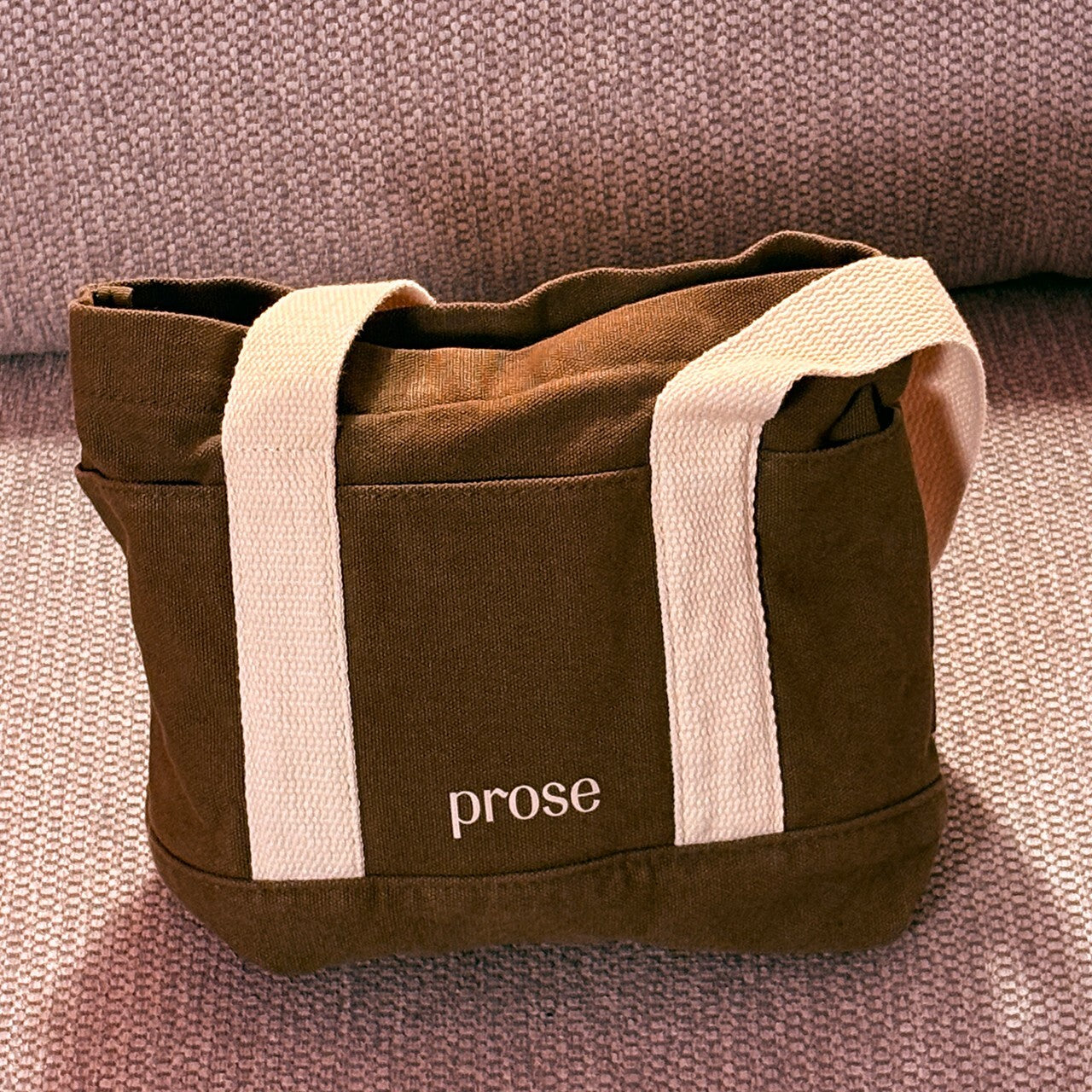 Brown Canvas Tote Bag with White Straps and Brown Bucket Hat