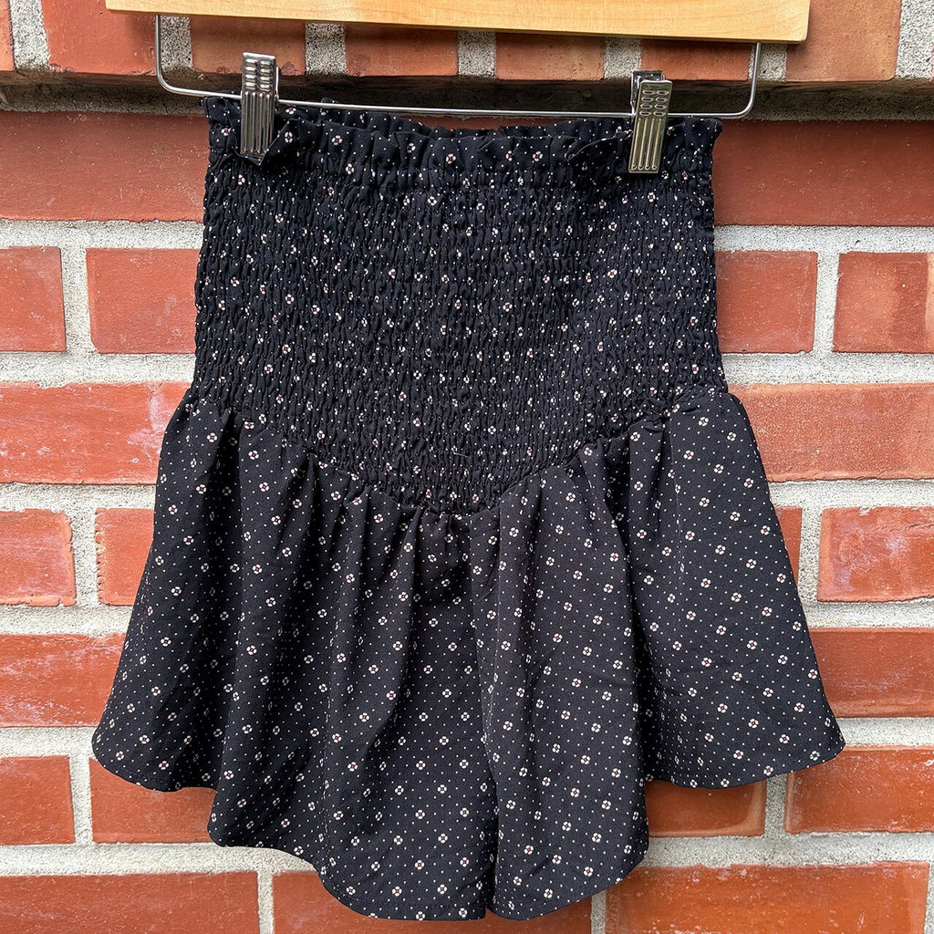 Bishop + Young Black Floral Smocked Waist Mini Skirt XS