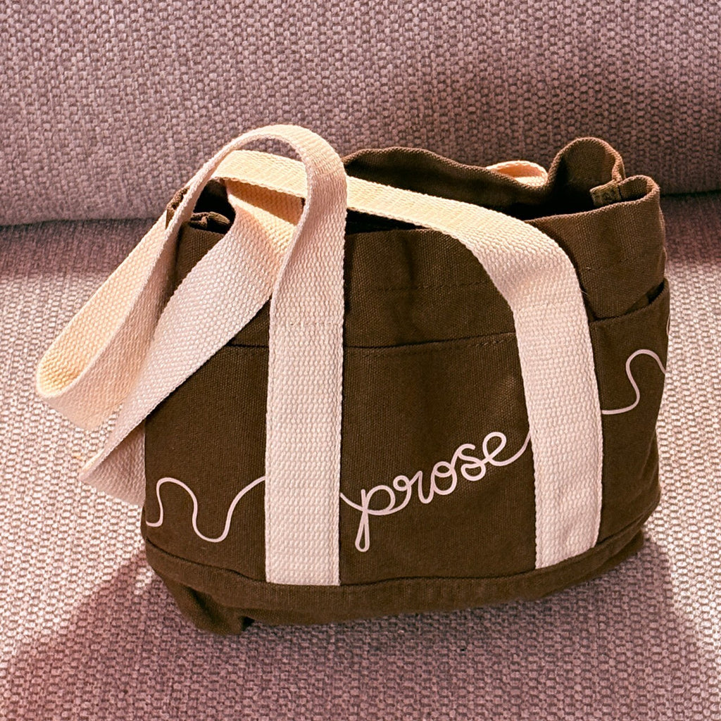 Brown Canvas Tote Bag with White Straps and Brown Bucket Hat
