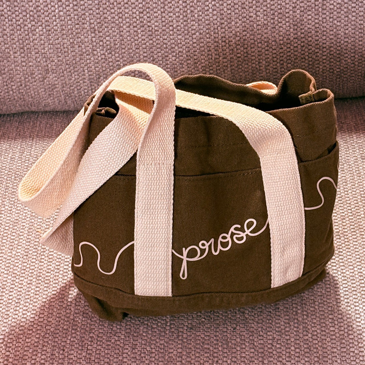 Brown Canvas Tote Bag with White Straps and Brown Bucket Hat