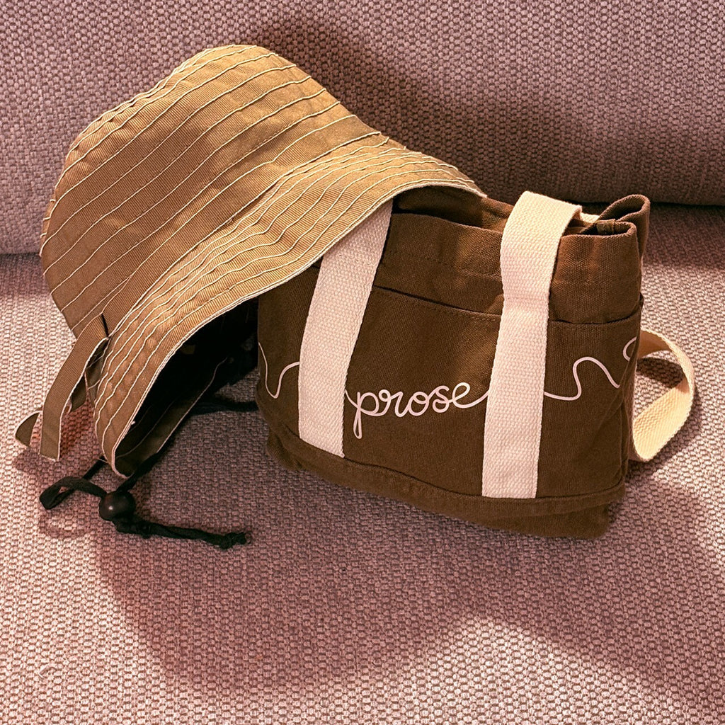 Brown Canvas Tote Bag with White Straps and Brown Bucket Hat