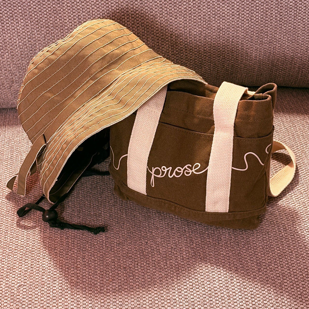 Brown Canvas Tote Bag with White Straps and Brown Bucket Hat