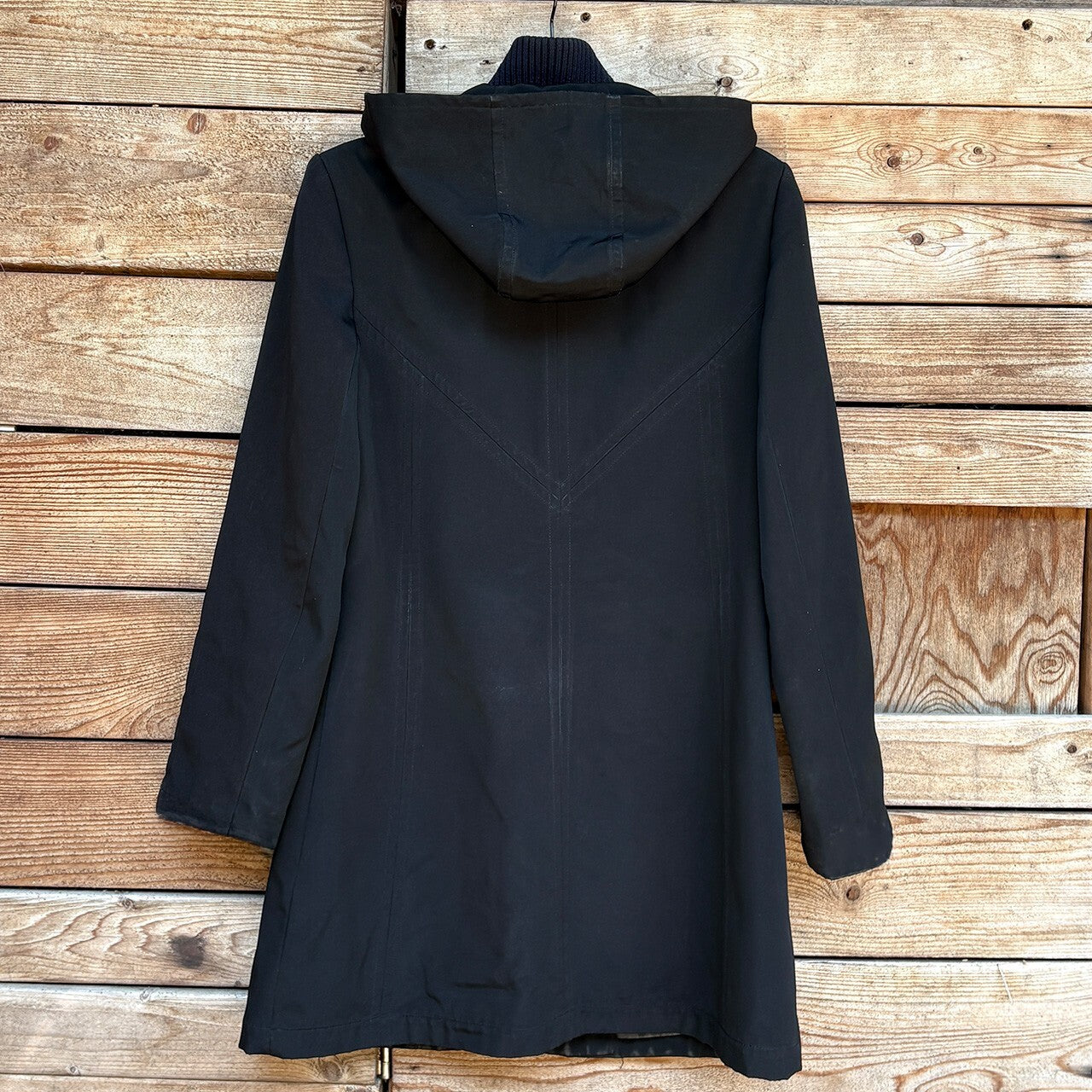 Anne Klein Black Hooded Coat with Knit Collar, Size Small