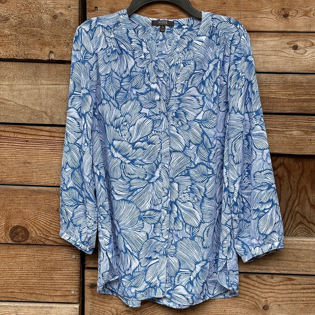 NYDJ Floral Blouse | Blue, White, XS