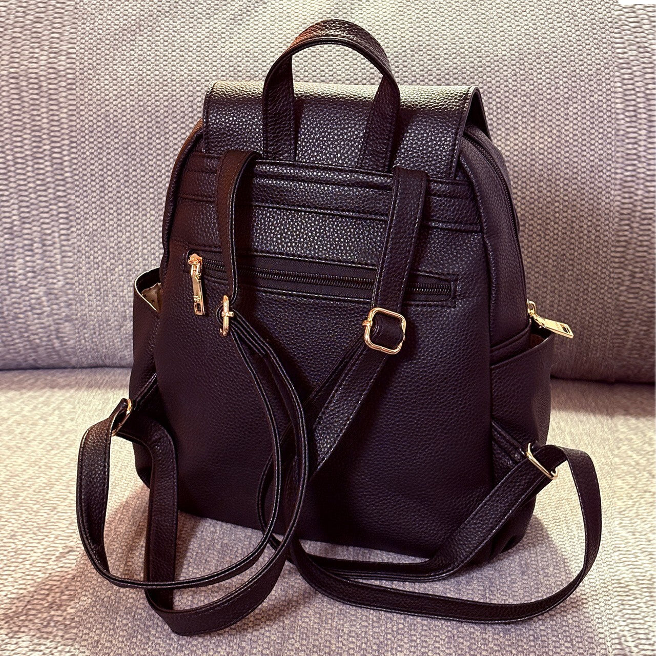 Black Faux Leather Backpack with Gold Accents