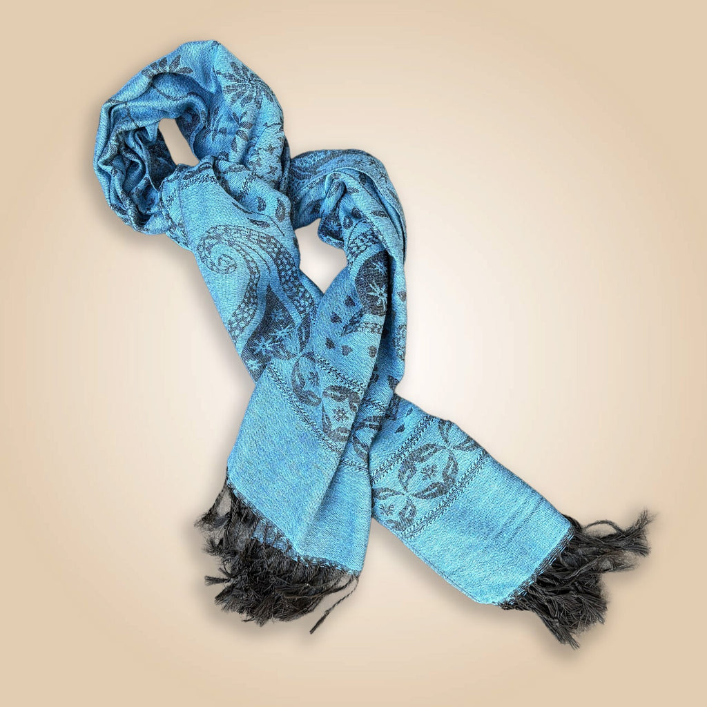 Blue and Black Paisley Pattern Acrylic Scarf with Fringe