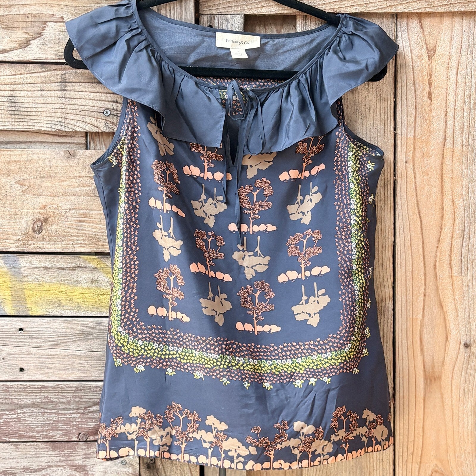 Portrait of a Girl Silk Ruffle Neck Print Top