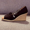 TOMS Black Canvas Peep Toe Wedge Espadrilles, 10W