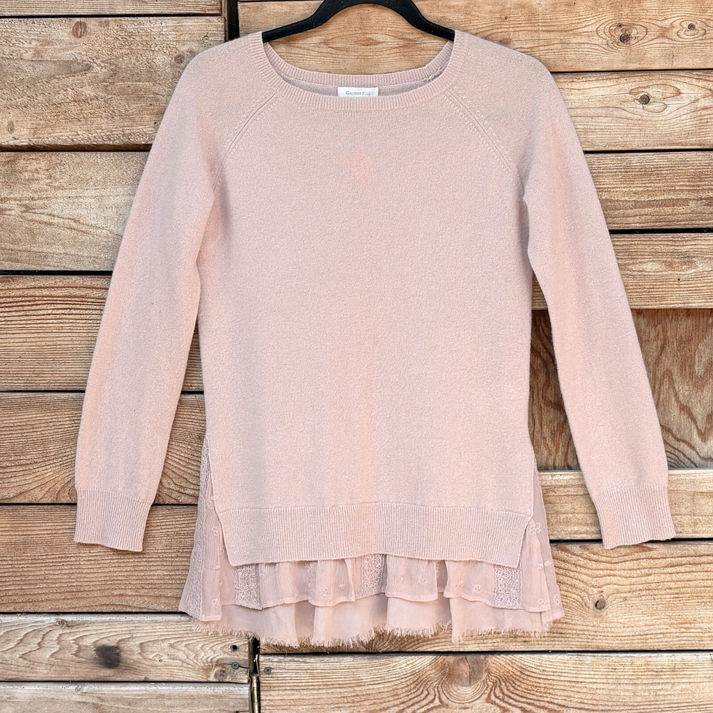 Garnet Hill Pink Sweater Ruffle and Lace trim
