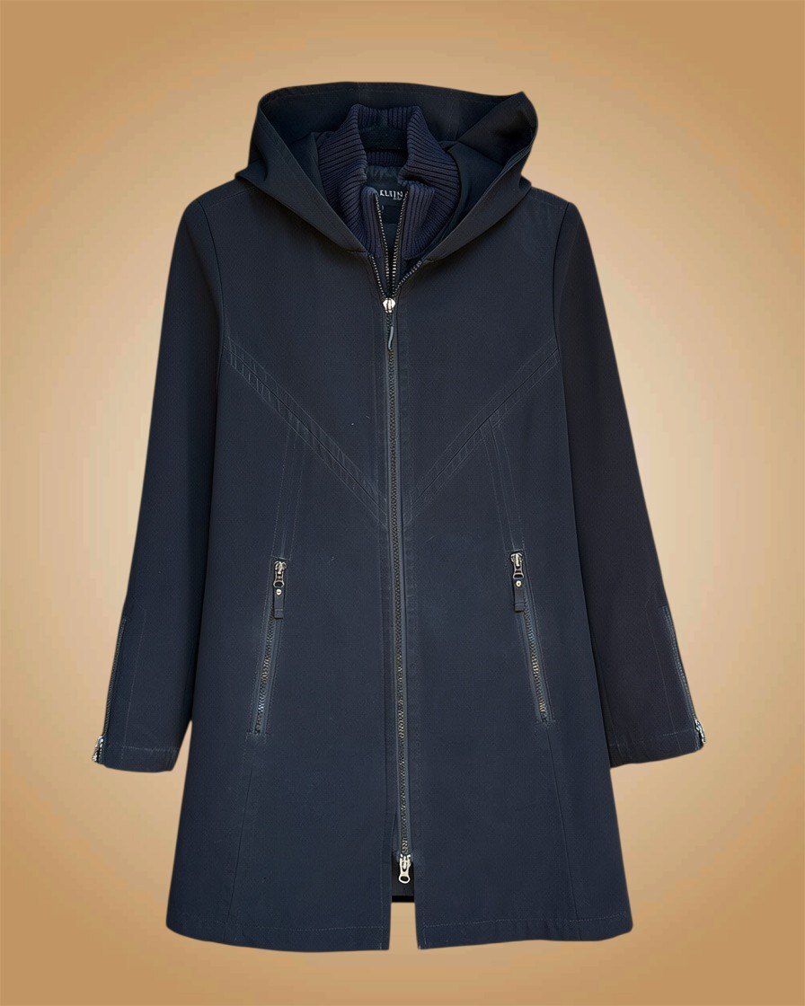 Anne Klein Black Hooded Coat with Knit Collar, Size Small