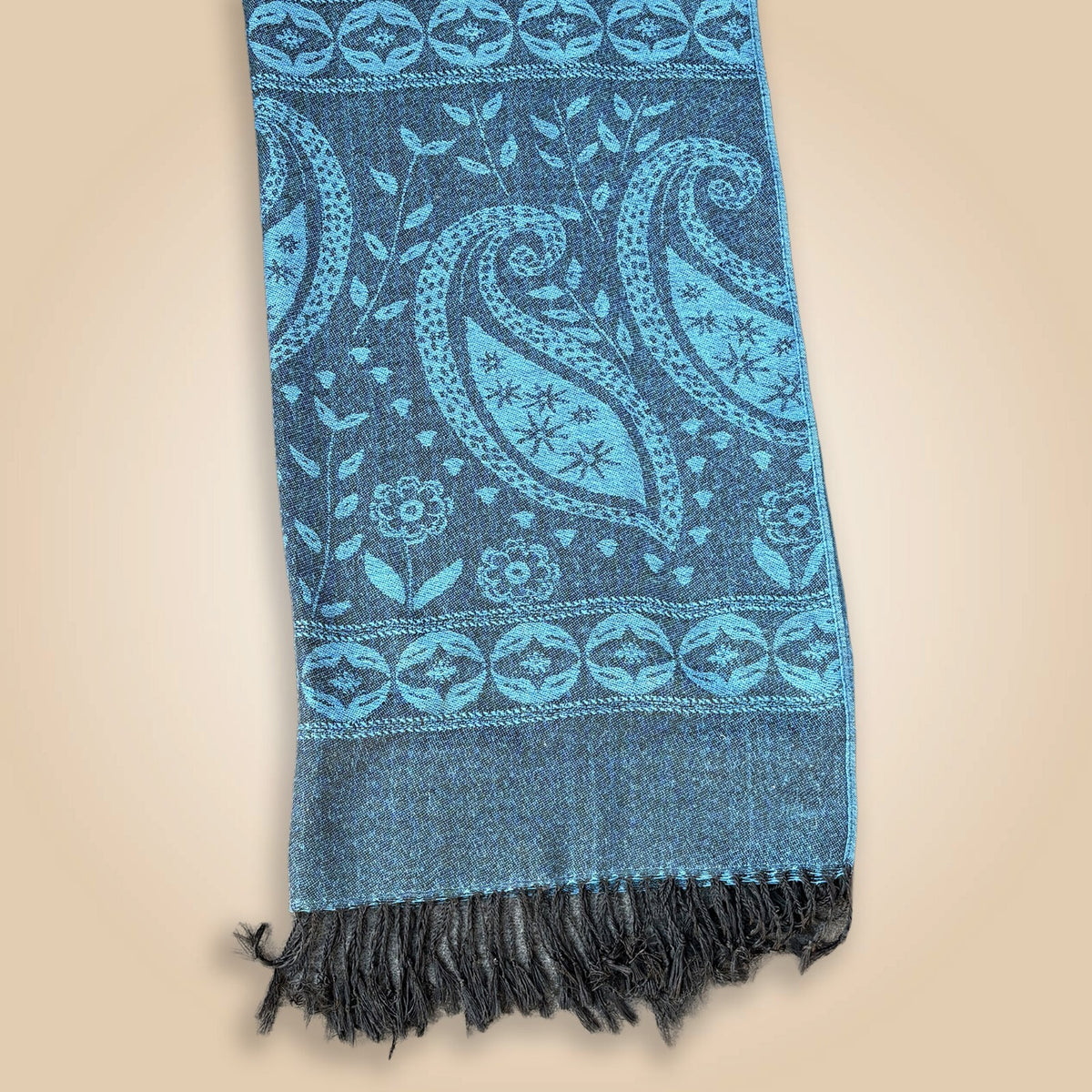 Blue and Black Paisley Pattern Acrylic Scarf with Fringe